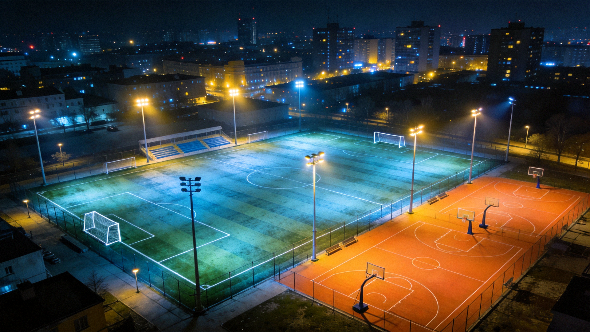 体育场馆全景 - 夜晚灯光照耀下的足球场与篮球场